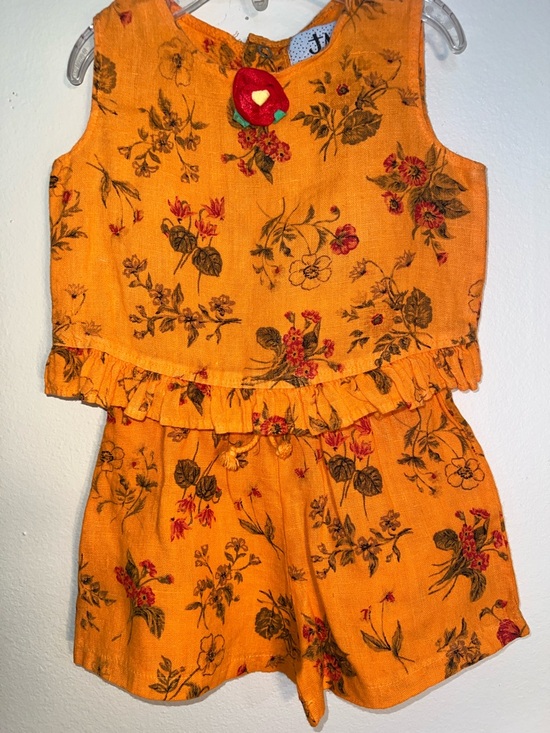 Vintage Other - Vintage Kids Handmade Floral Ruffle Linen Tank & Shorts Set - Orange 2T